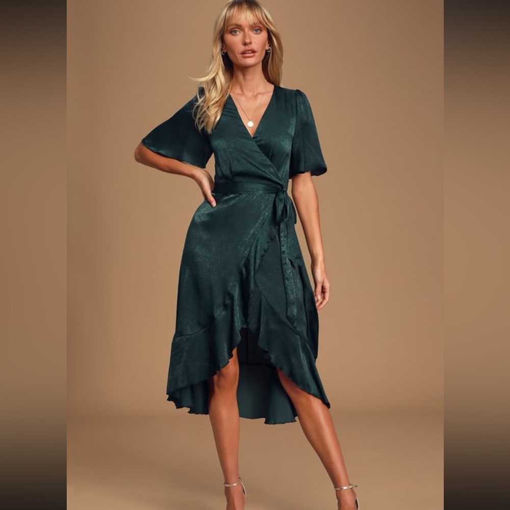 LuLu’s Dark Green Satin Faux-Wrap Midi Dress